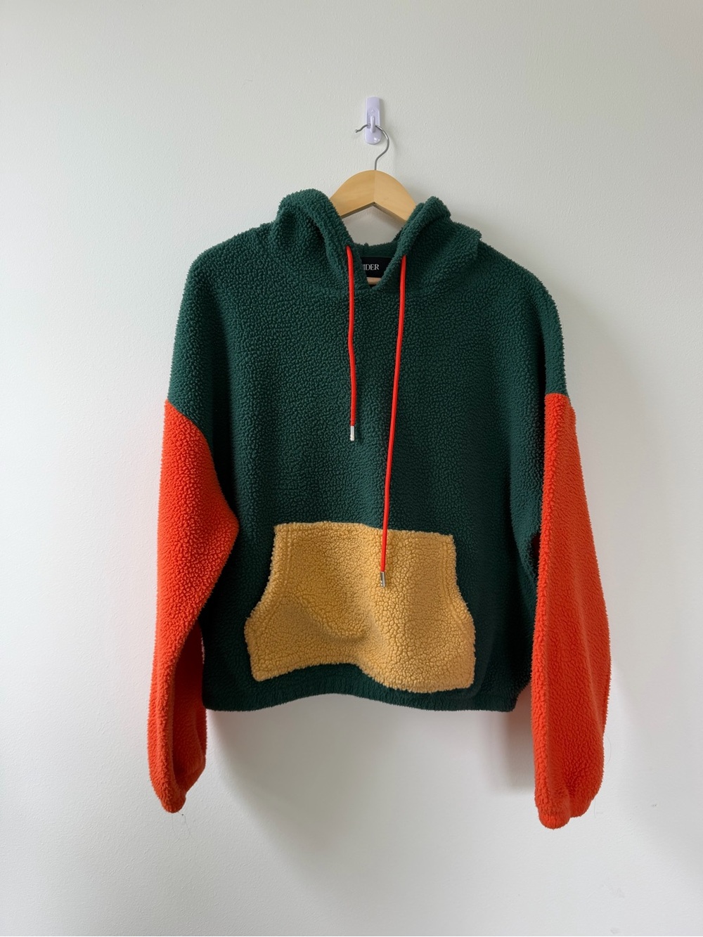 Cider Sherpa Hoodie in Forest Green with Orange Sleeves and Mustard Pocket